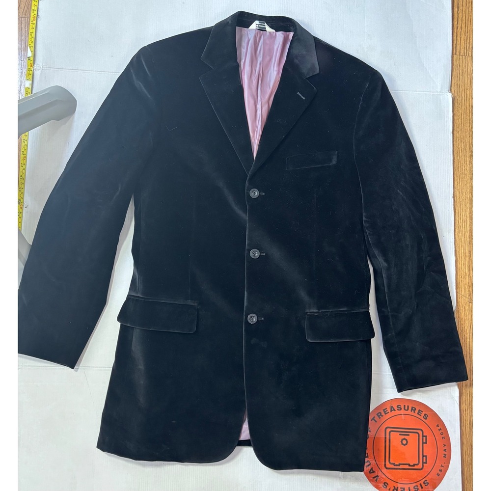 Wilke-Rodriguez Mens Black Velvet Blazer 3 Button Jacket Pink Lining sz 4 x long